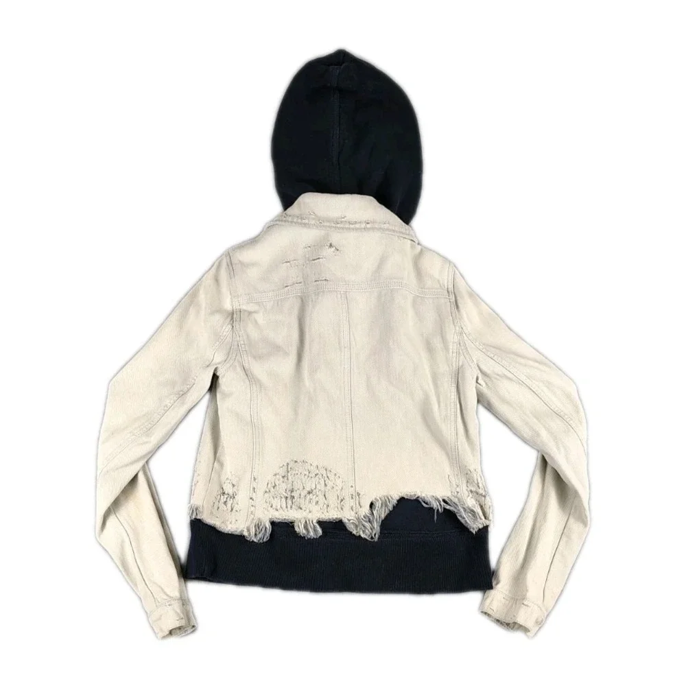 People Double Weave Denim Jacket Hoodie Distressed Layered Boho Sz XS - Picture 2 of 11